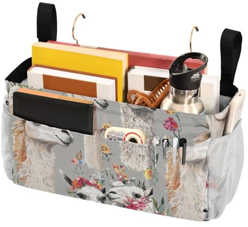 FRODOTGV Etagenbett Seiten-Caddy Hängetasche für Babybett für Zuhause, College, Schlafsaal, Etagenbett/Krankenhausbett, Krippen-Bettgitter, ästhetisches Lama-Grau