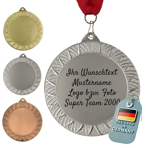 Premium Medaille aus Metall mit Gravur (Ø70 mm, 95 g, 3 mm dick) – mit Wunschtext / Foto – in Gold, Silber oder Bronze – für Kindergeburtstage, Fussball, Turniere & Vereine (mit Halsband, Silber)