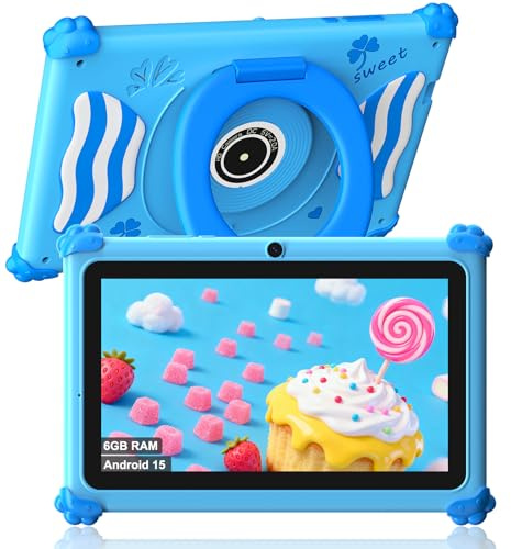 ascrecem Kids Tablets 7 Inch Android 15 Toddler Tablet for Kids with 2.4G+5G WiFi6 Penta Core 6GB RAM 32GB ROM Baby Tablet Dual Camera 128GB Expandable Parental Control Educational Games (Blue)
