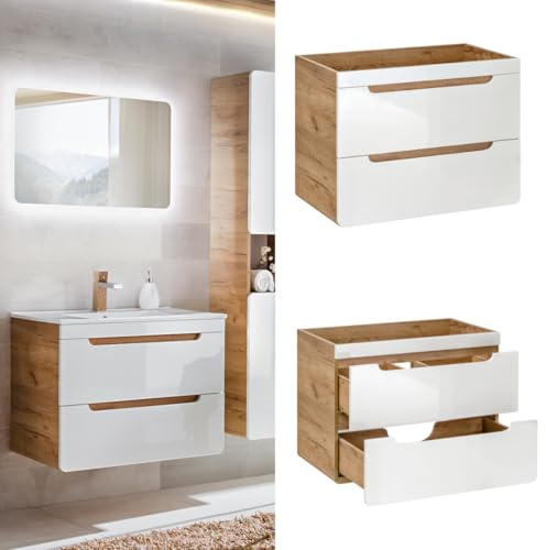 Impact Furniture Wall Hung Vanity Unit 600mm Bathroom Drawers Cabinet White Gloss and Oak Effect Modern Soft Close Wall Mounted Handleless Single Under Sink Unit Luxury Quality Design