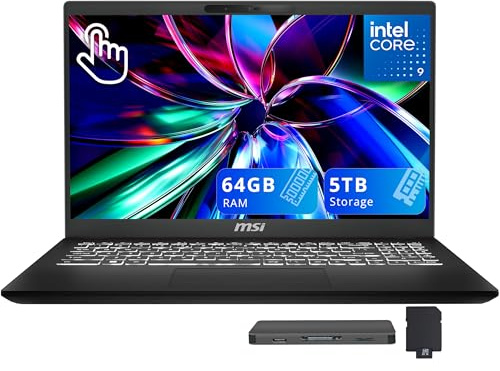 msi Modern 15 H 15.6 FHD Touchcreen Laptop, Intel Core 9 270H, 64GB DDR4, 5TB Storage (4TB SSD+1TB Docking Station Set), Intel Graphics, Backlit Keyboard, 720p HD Webcam, Wi-Fi 6E, Win 11, Black