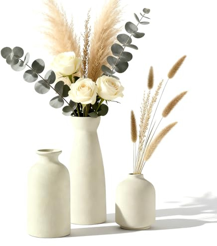 Keramik Vasen Set, 3er Kleine Blumenvasen für Moderne Rustikale Home Deko | Boho Dekoration Vase-Kleine für Pampasgras & Trockenblume, Idee Mantel, Tisch, Bücherregal, Regal, Beige