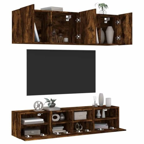 kithwjll 5-TLG. Wohnwand Räuchereiche, Holzwerkstoff, Wandmontage, Stauraum für Wohnzimmer, Medien & Bücher, modernes Design, 40-80 cm Breite