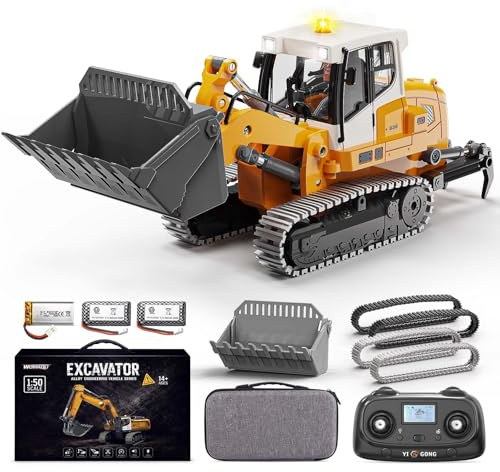 Pala Cingolata Radiocomandata 1:50 con Benna, Bracci e Cingoli in Metallo | con Azionamento a Vite, Ripper Mobile, Luci e Suoni, LCD 2,4 GHz,2 Batterie, Regalo 6+ e Adulti