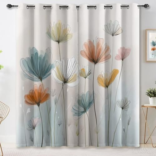 Gardinen Bunt Blickdicht Thermovorhang Kälteschutz 2er Set H240×B132 cm, Abdunkelnd Vorhang, Wildblumen Blumen handgezeichnet Verdunkelungsvorhang mit Ösen für Wohnzimmer/Schlafzimmer