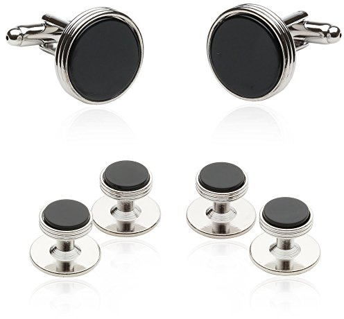 Tuxedo Cufflinks and Studs Formal Set – Onyx and Silver-Tone – Men’s 5/8 Cuffs & 3/8 Shirt Studs – Presentation Gift Box by Cuff-Daddy