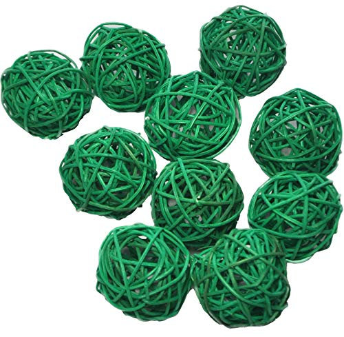 Ougual Ensemble de 10pcs Osier Naturel rotin Tableau fête de Mariage à Suspendre d'équilibre Boules de Noël décoratifs 4cm Vert foncé