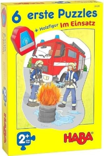 HABA 305236-6 erste Puzzles – Im Einsatz, Puzzles aus je Vier Teilen mit Straßen-Motiven, Auto-Holzfigur zum freien Spielen, Spiel ab 2 Jahren