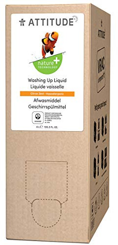 ATTITUDE Washing Up Liquid Refill, EWG Verified, Plant-Based & Vegan Dish Soap, Naturally Derived, Citrus Zest Scent, 4 Liters