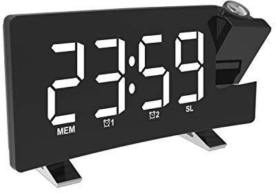 DollaTek Projektionswecker für Schlafzimmer Digitale Decke Radio Wecker mit Doppelwecker 4 Dimmer 180 ° drehbarer großer LED-Bildschirm - Schwarze Schale Weißes Wort