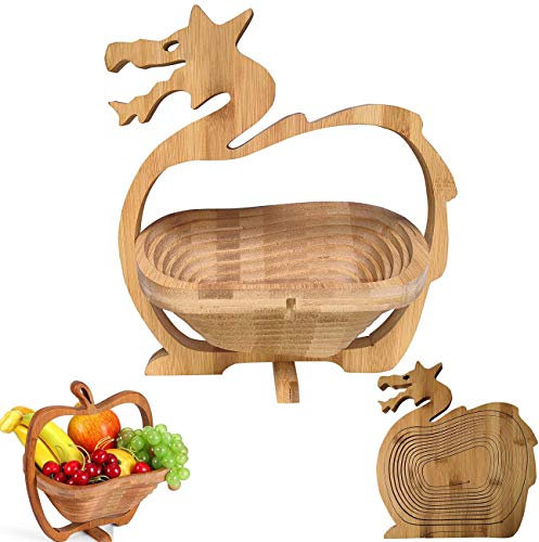 Faltbare Obstschalen, Bambus Faltbarer Obstkorb Küche Obstschale Halter Korb, Home Storage Basket Display Tray für Obst Gemüse (Drache)