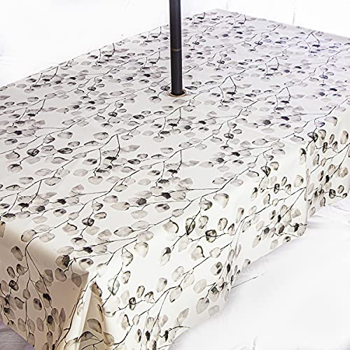 Mantel de jardín de PVC fácil de limpiar, con agujero para sombrilla de acero inoxidable a prueba de óxido, hermoso diseño de eucalipto, 200 x 140 cm