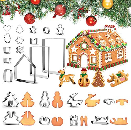 Yucch 23 Stück Ausstechformen Weihnachten, 3D Lebkuchenhaus Ausstecher, Weihnachtshaus, Elch, Schneemann, Weihnachtsbaum, Schlitten Form für Torten Fondant Kekse Backen