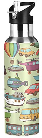 Mnsruu Dessin Animé Avion Ovni Isotherme Bouteille d'eau avec Paille, Gourde Sport en Acier Inoxydable 600ML Gourdes sans BPA pour Enfant Garçon Fille École Bureau