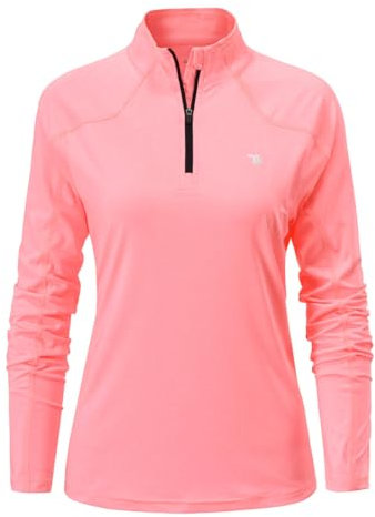 donhobo Damen Sport Langarm T-Shirt Training Fitness Kleidung 1/4 Reißverschluss Laufshirt Yoga Gym Shirts Langarmshirts (Rosa, XL)