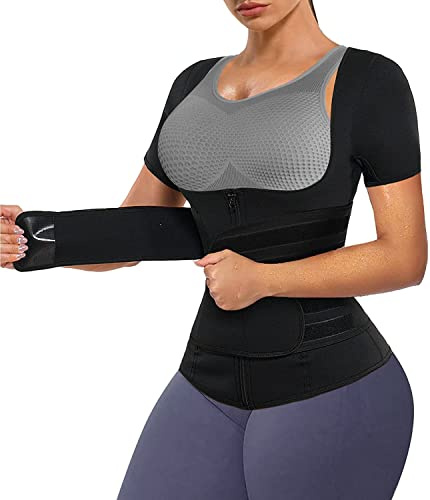 KUMAYES Neopren Sauna Weste mit Bauchweggürtel Damen Shirt Thermo Saunaanzüge Tanktop Unterbrust Fitness Body Shaper (Schwarz, XL)