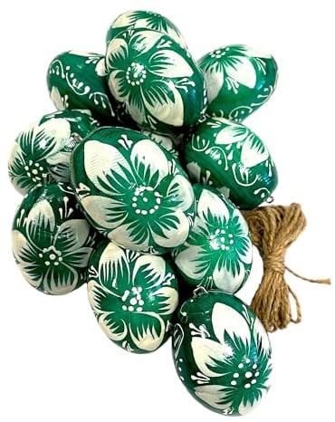 Ukrainisches Kunsthandwerk Handbemaltes Holz Osterei Grün mit Weiße Blume– Set mit 12 Stück – Osterdeko zum Aufhängen mit Metallöse – traditionelle Handarbeit