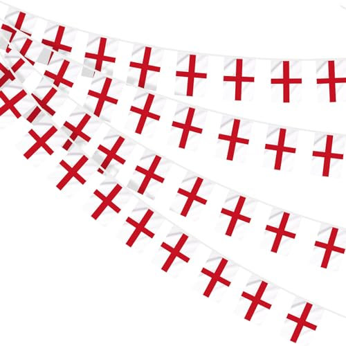 AhfuLife England St George Bunting for St. George's Day Decorations, 60pcs Flags Double Sided Fabric England Bunting for Rugby Football World Cup Six Nations Party Decor (20 x 28 cm - 12m, 2 Packs)