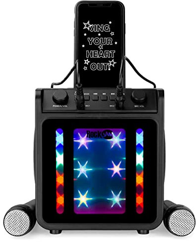 Rockjam 10-Watt Rechargeable Bluetooth Karaoke Machine with Two Microphones, Voice Changing Effects and LED Lights, Black