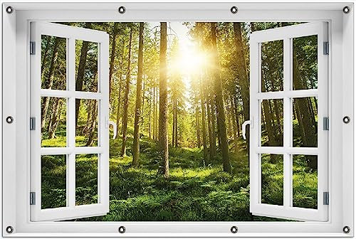 Wallario Outdoor-Poster für Garten oder Balkon Sonnenstrahlen im Nadelwald mit Moos und Farn, Motivbanner Größe: ca. 100 x 150 cm mit Fenster-Illusion