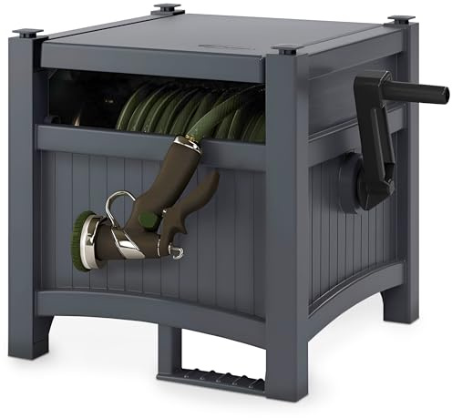 Suncast Garden Hose Hideaway Storage Reel Box, Cyberspace Grey – Resin Outdoor Container, Holds up to 100 Feet of 5/8 Inch Standard Vinyl Water Line – No Assembly Required