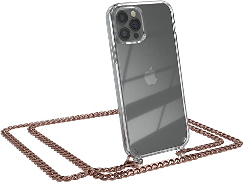 EAZY CASE Handykette kompatibel mit iPhone 12/12 Pro Handyhülle mit Metall Umhängeband und Ersatz Kordel schwarz, Handykordel mit Schutzhülle, Stylische Kette, Metall - Rosé-Gold
