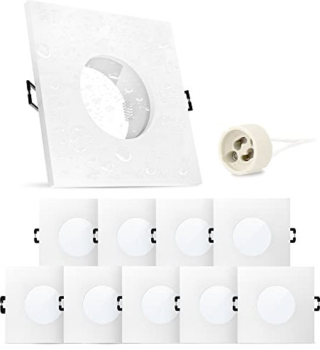linovum 10 Stück Einbauspot Rahmen ISAWO inkl. GU10 Fassung - Einbaurahmen IP65 weiß eckig für Bad & Außen