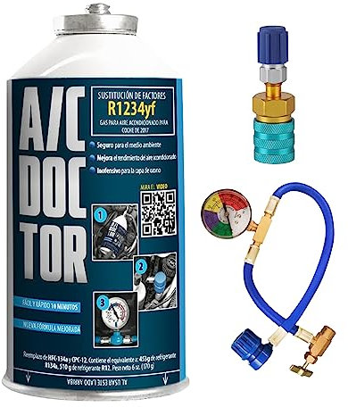AC DOCTOR Kit Gas Refrigerante Orgánico Ecológico sustituto del R1234yf para recarga aire acondicionado de coche a partir de 2017 y manguera con manómetro y adaptador R1234yf
