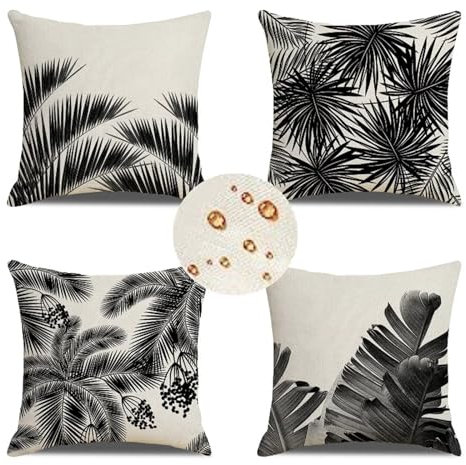 Outdoor Wetterfest Kissenbezug 65x65 cm 4er Set Schwarz Kissenbezüge Weiss Outdoor Kissen Wasserdicht Leinen Sofakissen Dekokissen für Garten Couch Terrasse Bank Stuhl Outdoor Heimdekoration Geschenke