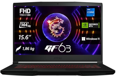 MSI Thin GF63 12UCX-1011, portatile da gioco, 39,6 cm (15,6 pollici), FHD, 144 Hz, processore Intel Core i5-12450H, 16 GB DDR4-3200, 512 GB SSD, NVIDIA GeForce RTX 2050, Windows 11 Home, QWERTY