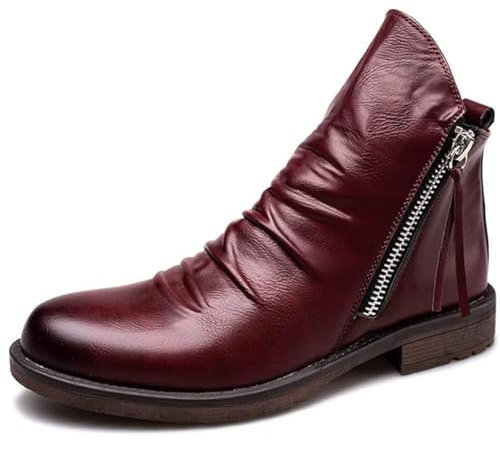 Stivali Medi da Uomo Stivaletti con Cerniera Laterale Scarpe Eleganti Formali con Tacco in Pelle Scarpe Classiche,Rosso,48 EU