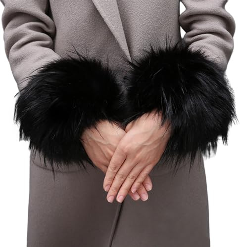 OTKARXUS Kunstfell-Handgelenkmanschetten, 1 Paar, kurzer Stil, Pelz-Handgelenkstulpen, Ringmanschetten, Winter, warme Armwärmer für Frauen und Mädchen, Schwarz , One size