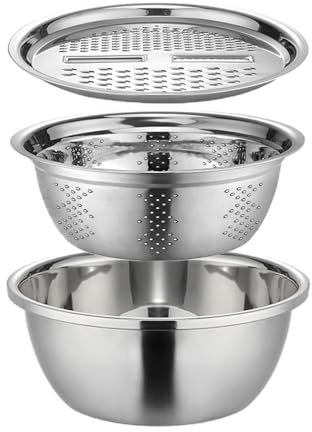 Teksome Multifunktionales Edelstahlbecken – 3-teiliges Seiher-Sieb-Set | Salatschleuder, Gemüse, Reis, Waschsieb, Korb, Schüssel, Reisspüler, Lebensmittelreiben mit Behälter
