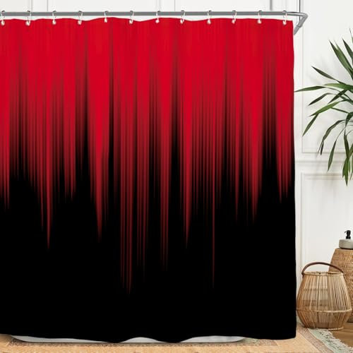 Miyotaa Moderner Duschvorhang-Set, 152 x 180 cm (B x H), Elagant, für Erwachsene, Herren, Gothic, cool, einfach, zeitgenössisch, Polyester, wasserdicht, Badezimmervorhang mit 12 Haken, Schwarz / Rot