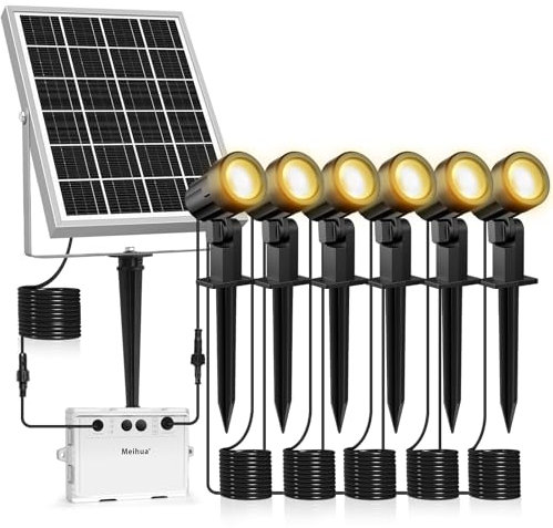 MEIHUA 6 in 1 Solar Spot Lights Outdoor Garden, Solar Spike Light 2700K Warm White, Garden Floodlight IP66 Waterproof, Landscape Spotlights for Yard Lawn Tree Statue