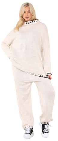 Grunge Wear® Women’s Knitted Stitched Contrast Jumper and Trouser 2 Pcs Set - Ladies Long Sleeve Knit Sweater Wide Leg Bottoms Winter Warm Co-Ord Tracksuit Fashion Loungewear Suit (Cream, 8-20)