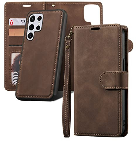 QLTYPRI Hülle für Samsung Galaxy S24 Ultra, Abnehmbare Magnetische Handyhülle Kartenfach Hülle Ständer Flip Klapphülle Schutzhülle Etui Kompatibel mit Samsung Galaxy S24 Ultra - Kaffee
