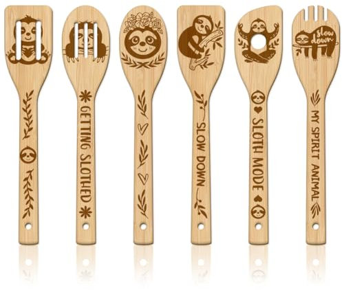 GLOBLELAND 6Pcs Sloth Bamboo Cooking Utensils Wooden Engraved Cooking Spoons Set Carving Kitchen Bamboo Spatula Set Wood Cooking Spoon for Kitchen Fun House Mother Friend Women Warming Gift