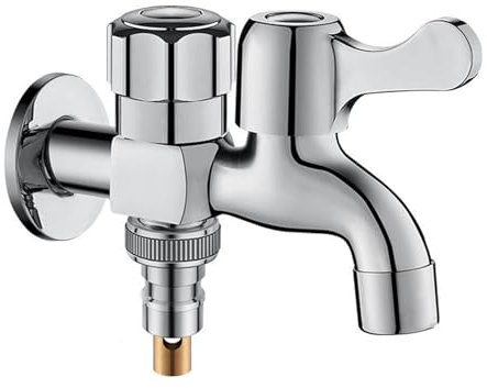 BiaoTeng Grifo Doble Lavadora Y Fregadero Uno dentro dos fuera Pared latón Grifo Lavabo Doble Salida Grifo Exterior Doble Salida, plata