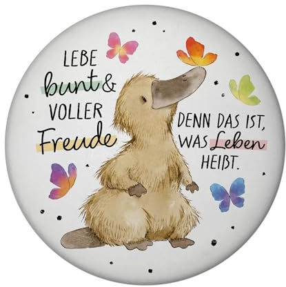 Schnabeltier Magnet mit Flaschenöffner rund mit Spruch Lebe bunt und freudig Leben Positiv Verbreiten Glücklich Ente Motiv Herd Backofen Dekor