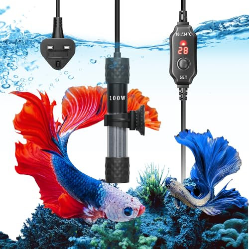 GlowUp Fish Tank Heater 100W, Submersible Aquarium Heater with Thermometer,Small Turtle Tank Heater with Digital Display, Dry-Run/Overheating Protection,External Temperature Controller for 50L Tank