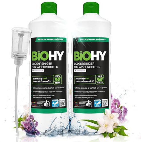 BiOHY Floor Cleaner for All Mop Robots with Spring Fragrance (2 x 1 Litre) + Dispenser, Low Foam & Streak-Free, Concentrate Cleaner for All Floors