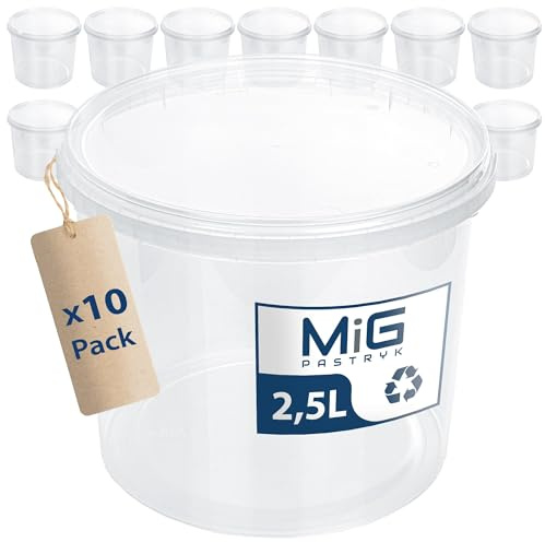 MIG Transparente Eimer mit Deckel 2,5L - 10x 2,5L Luftdicht & Lebensmittelecht Plastikeimer mit Deckel - Stapelbare Kleine Eimer für Haushalt & Industrie -Ideal Kübel mit Deckel zum Einlegen & Lagern