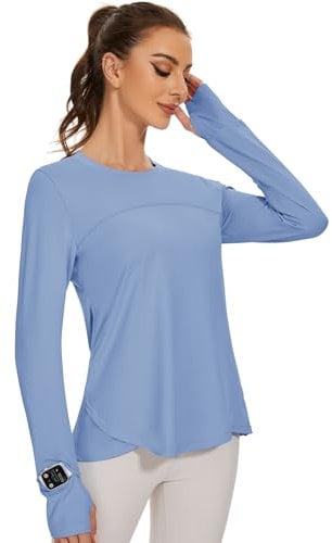 IECCP Damen Laufshirt Sport Wander Lauf Workout Top Langarm Gym Top Sonnenschutz Schnelltrocknend Wandershirt Running Yoga Tops mit Daumenloch