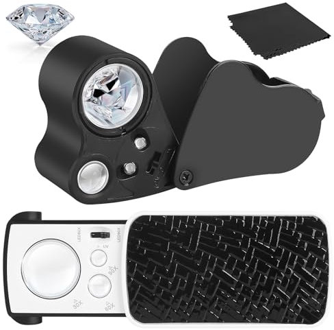 LYPPUL Juwelier Lupe, 30X 60X 90X Vergrößerung Metall Faltlupe, Beleuchtete Taschenlupe mit LED UV Licht, Schmuck Lupe Juwelierlupe für Edelsteine Briefmarken Münzen Antiquitäten