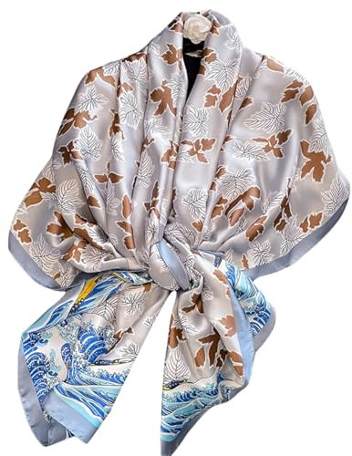 WEIGEER Foulard en soie femmes châle Écharpe en soie Silk Scarf Women Chiffon Shawl White Neckerchief Head Wrap Thin Scarf Beach Hijab Belt Vintage Bridal Shawl Binder (Bleu-brun.)