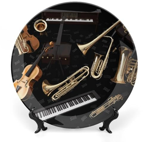 GFLFMXZW Dekorativer Teller aus Knochenporzellan mit Präsentationsständer, Musikinstrumente, Keramik, dekorative Teller, rund, Keramik-Essteller, Kunsthandwerk, Keramikornamente für Zuhause, Büro,