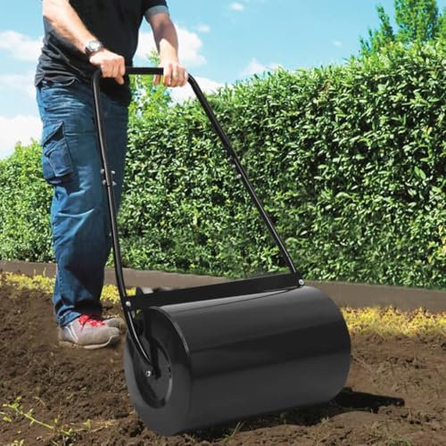 qohoio Lawn Roller Black 63 cm 50 L-Heavy Duty Garden Grass Lawn Roller - Large Water or Sand Filled Drum,Galvanized Steel Construction,Scraper Bar & Collapsible Handle for Levelling Uneven Ground