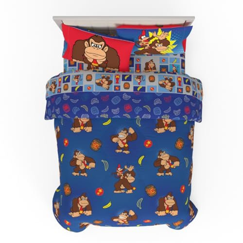 Franco Bettwäsche-Set, superweiches, wendbares Bettdecken- und Bettlakenset mit Schlafsack, offizielles Lizenzprodukt, Collectibles Nintendo Donkey Kong Gaming, Full-Size, 7-teilig