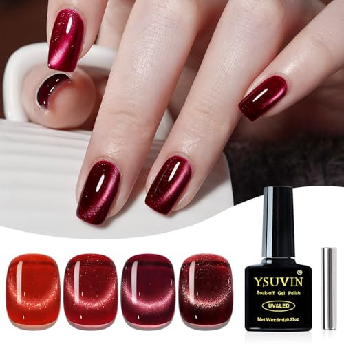YSUVIN UV Nagellack Cat Eye, 4 Farben Rot Crystal Cat Eye UV Gel, UV-Nagellack Magnet mit Magnetstift Soak-Off UV Gellack für Anfänger DIY Nail Art Maniküre Salon, 8 ML